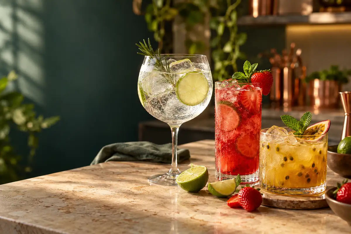 Drinks com limão, morango e maracujá em uma bancada.