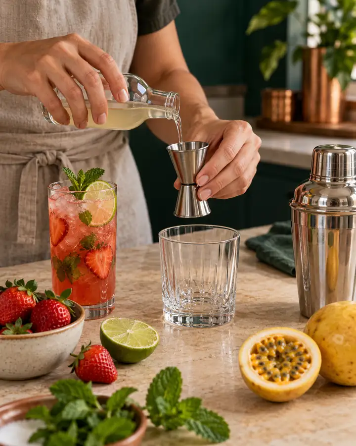 Ingredientes e utensílios para preparar drinks em casa.