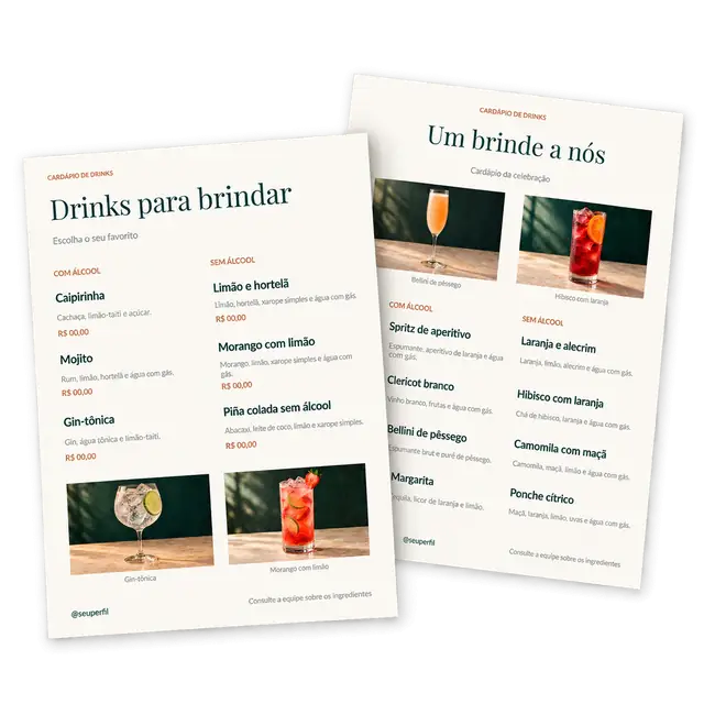 Dois modelos do kit Cardápios Prontos para Personalizar.