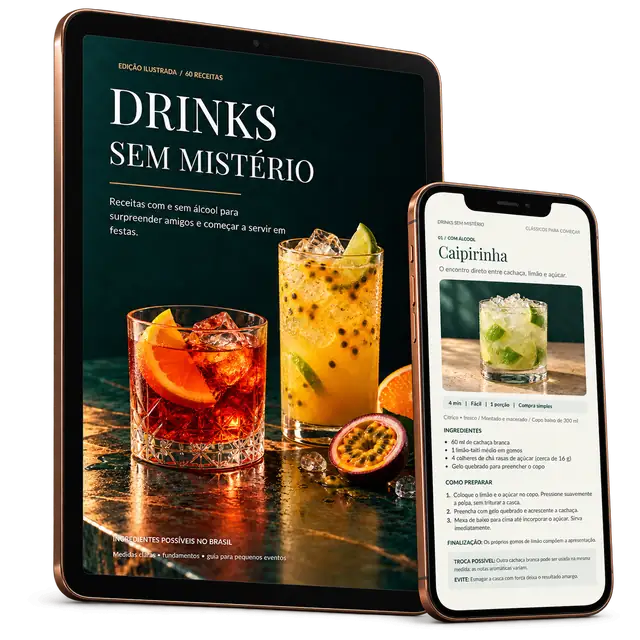 Ebook Drinks sem Mistério em tablet e receita ilustrada em celular.