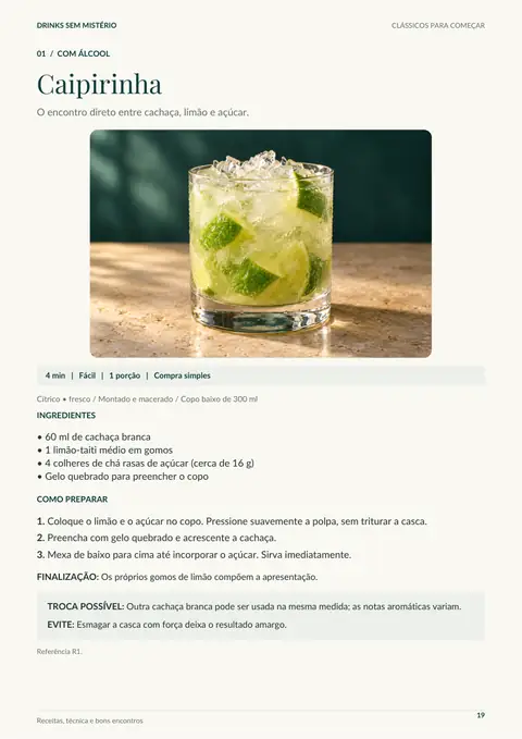 Página real da receita de Caipirinha no ebook Drinks sem Mistério.