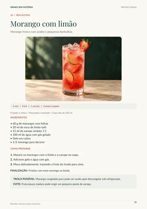 Página real da receita de Morango com limão no ebook Drinks sem Mistério.