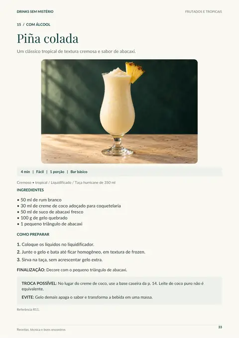 Página real da receita de Piña colada no ebook Drinks sem Mistério.